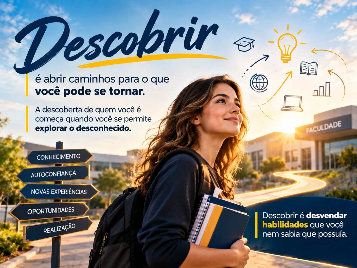 Jovem sorridente com cadernos, diante da faculdade, simbolizando a descoberta de habilidades e oportunidades.