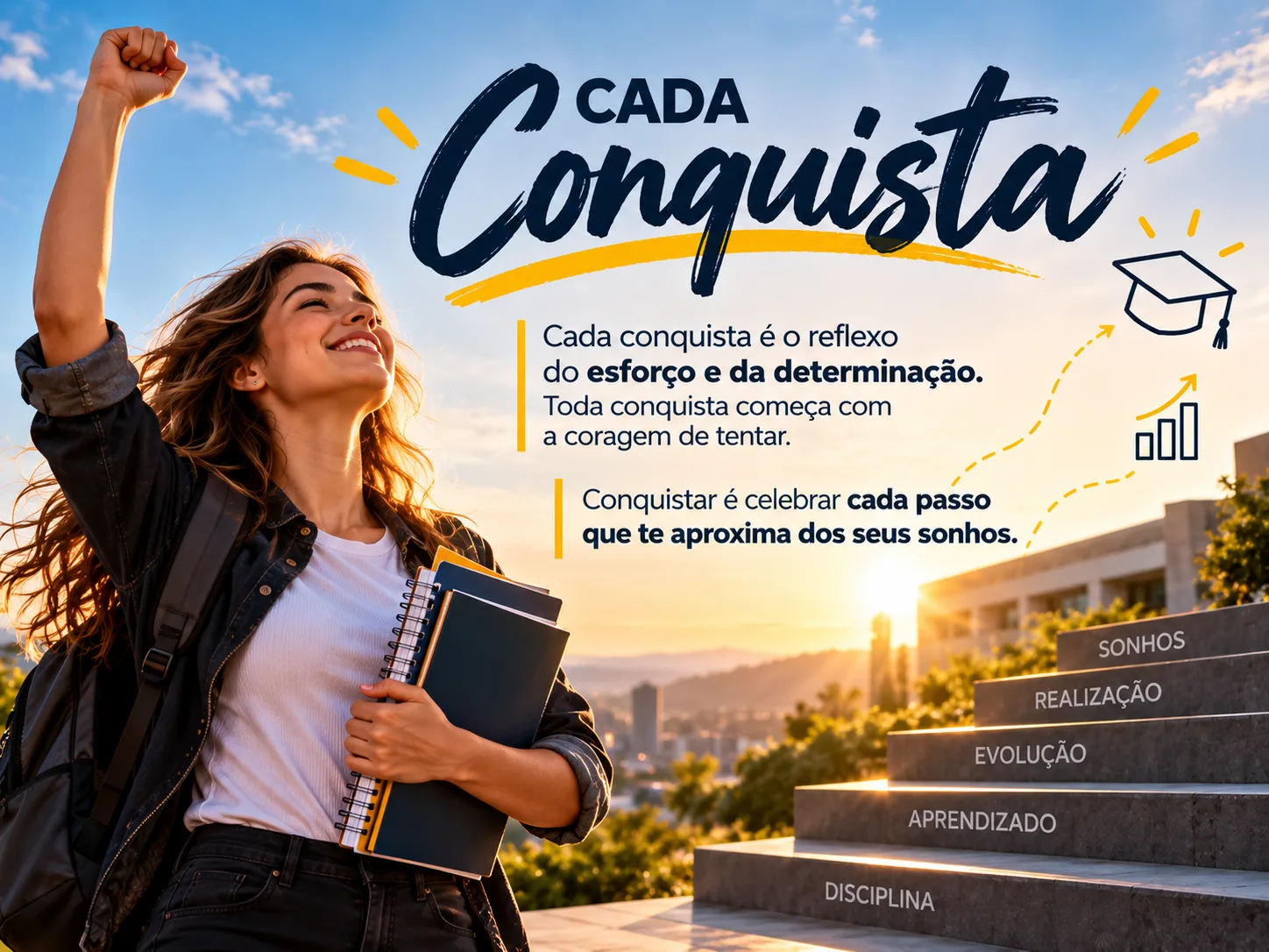 Mulher sorridente levantando o braço em sinal de vitória, segurando cadernos e um diploma.