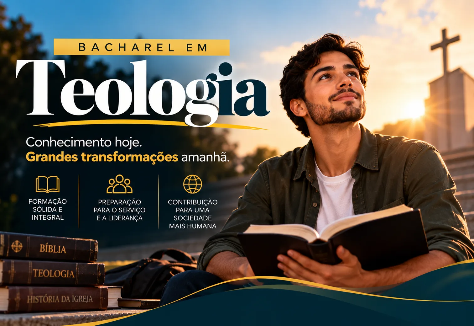 Homem sorrindo enquanto lê um livro, representando o curso de Teologia na FAEPI.