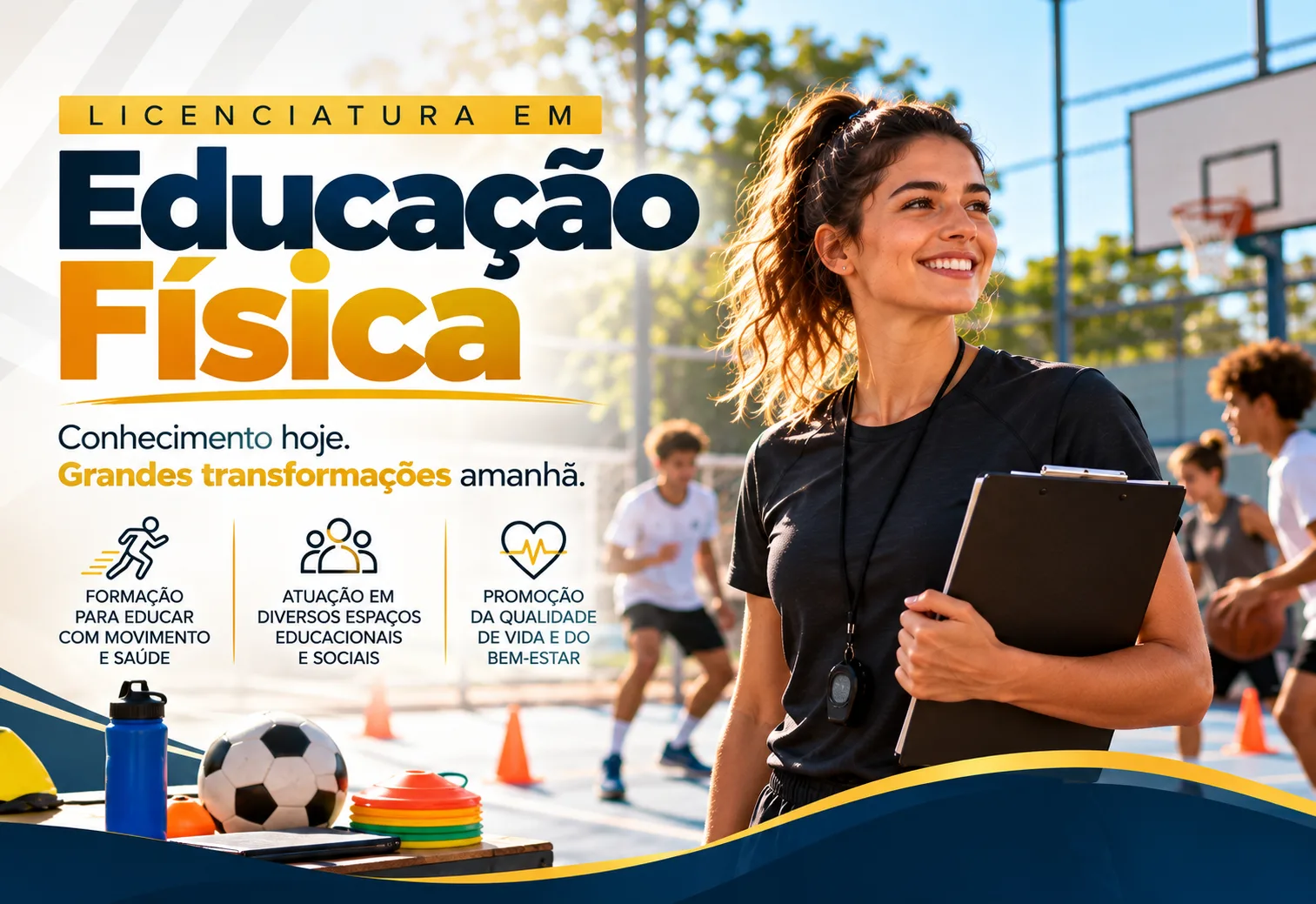 Professora de Educação Física sorridente em ambiente esportivo, com chamada para o curso na FAEPI.